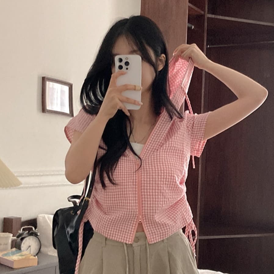 재고 있음 chic 새로운 봄 여름 지퍼 반팔 펌프 로프 허리 수축 좋은 체크무늬 후드 쇼트 스타일 셔츠 상세 이미지 3