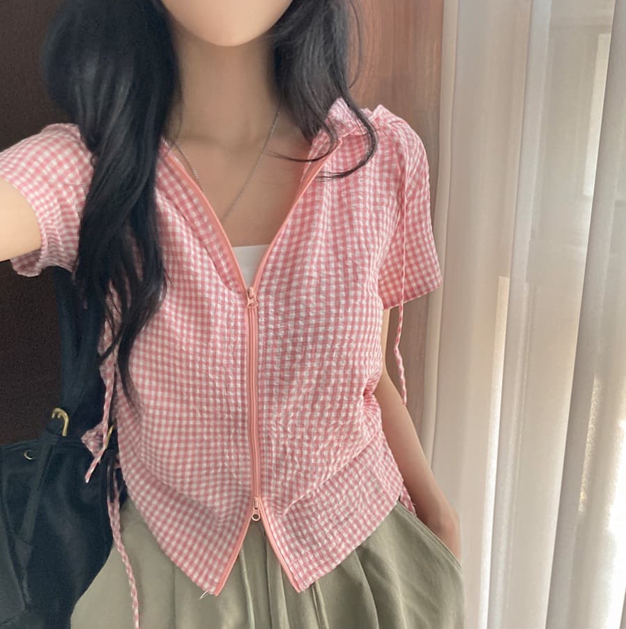 재고 있음 chic 새로운 봄 여름 지퍼 반팔 펌프 로프 허리 수축 좋은 체크무늬 후드 쇼트 스타일 셔츠 상세 이미지 4