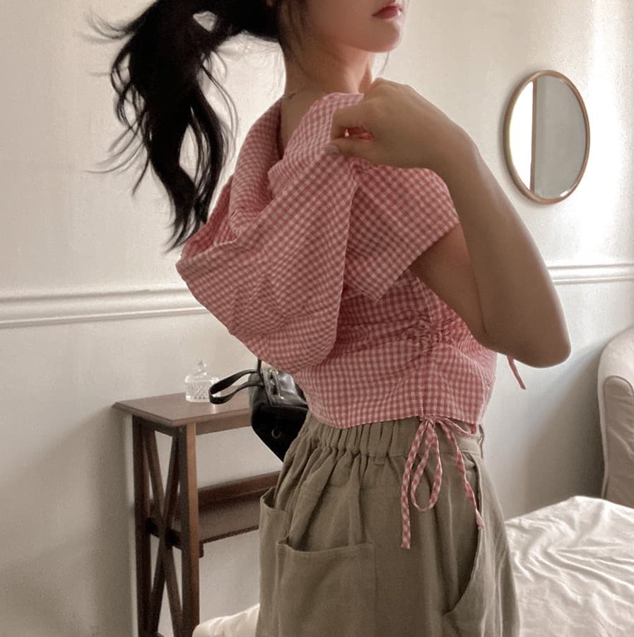 재고 있음 chic 새로운 봄 여름 지퍼 반팔 펌프 로프 허리 수축 좋은 체크무늬 후드 쇼트 스타일 셔츠 상세 이미지 6