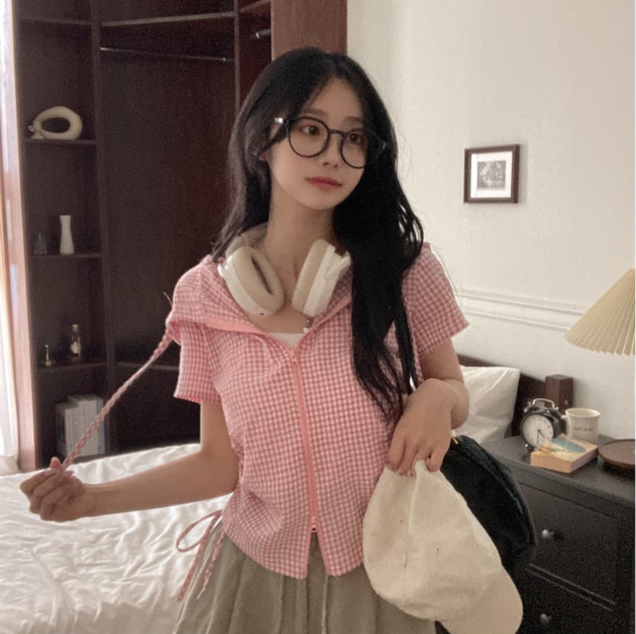 재고 있음 chic 새로운 봄 여름 지퍼 반팔 펌프 로프 허리 수축 좋은 체크무늬 후드 쇼트 스타일 셔츠 상세 이미지 7