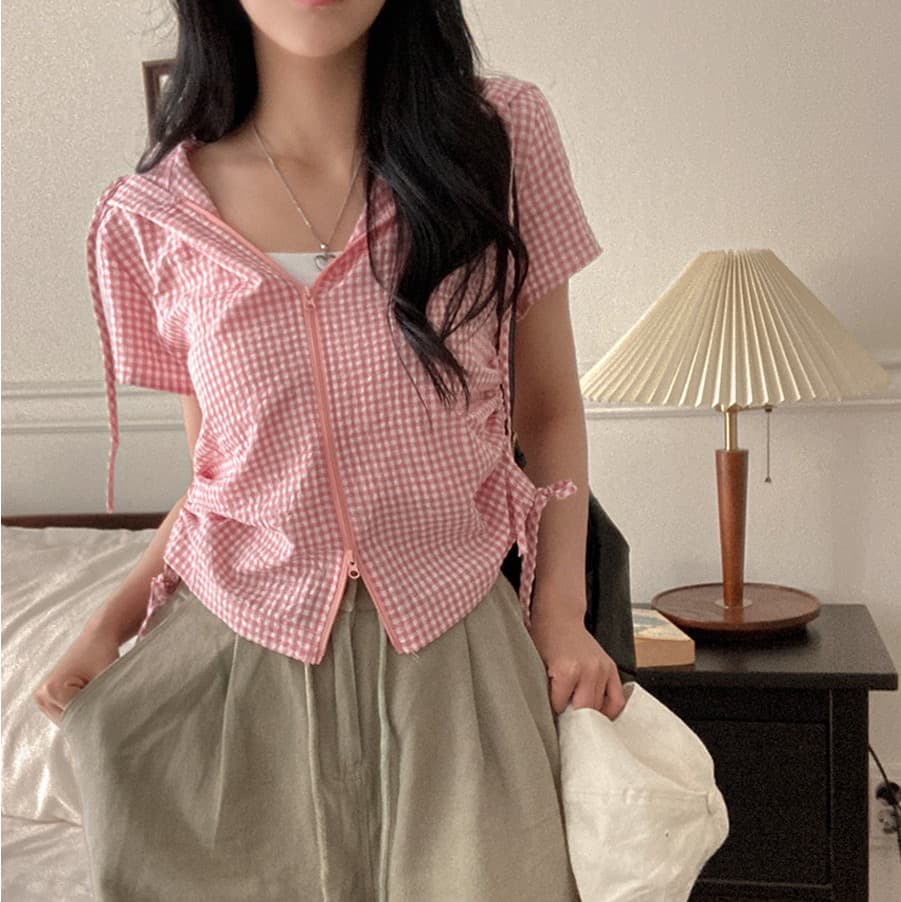 재고 있음 chic 새로운 봄 여름 지퍼 반팔 펌프 로프 허리 수축 좋은 체크무늬 후드 쇼트 스타일 셔츠 상세 이미지 8