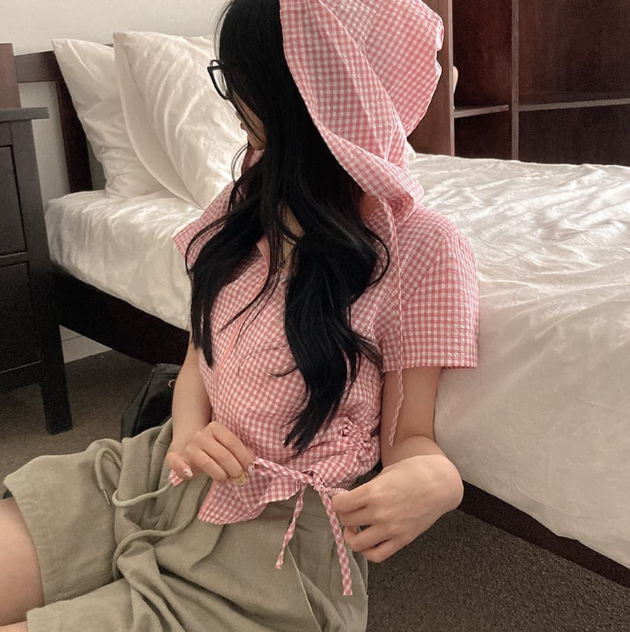 재고 있음 chic 새로운 봄 여름 지퍼 반팔 펌프 로프 허리 수축 좋은 체크무늬 후드 쇼트 스타일 셔츠 상세 이미지 9