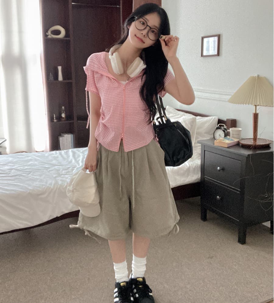 재고 있음 chic 새로운 봄 여름 지퍼 반팔 펌프 로프 허리 수축 좋은 체크무늬 후드 쇼트 스타일 셔츠 상세 이미지 10