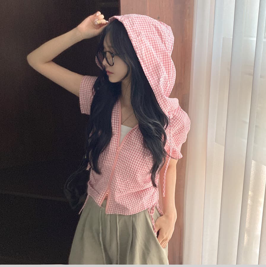 재고 있음 chic 새로운 봄 여름 지퍼 반팔 펌프 로프 허리 수축 좋은 체크무늬 후드 쇼트 스타일 셔츠 상세 이미지 11