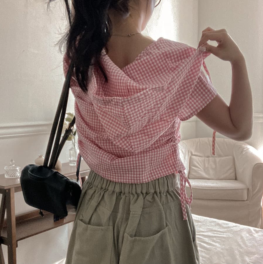 재고 있음 chic 새로운 봄 여름 지퍼 반팔 펌프 로프 허리 수축 좋은 체크무늬 후드 쇼트 스타일 셔츠 상세 이미지 12