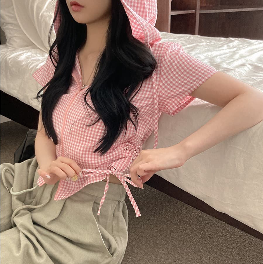 재고 있음 chic 새로운 봄 여름 지퍼 반팔 펌프 로프 허리 수축 좋은 체크무늬 후드 쇼트 스타일 셔츠 상세 이미지 14