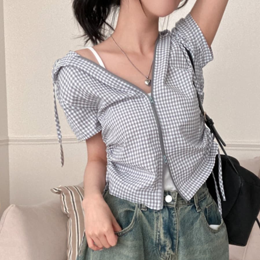 재고 있음 chic 새로운 봄 여름 지퍼 반팔 펌프 로프 허리 수축 좋은 체크무늬 후드 쇼트 스타일 셔츠 상세 이미지 15