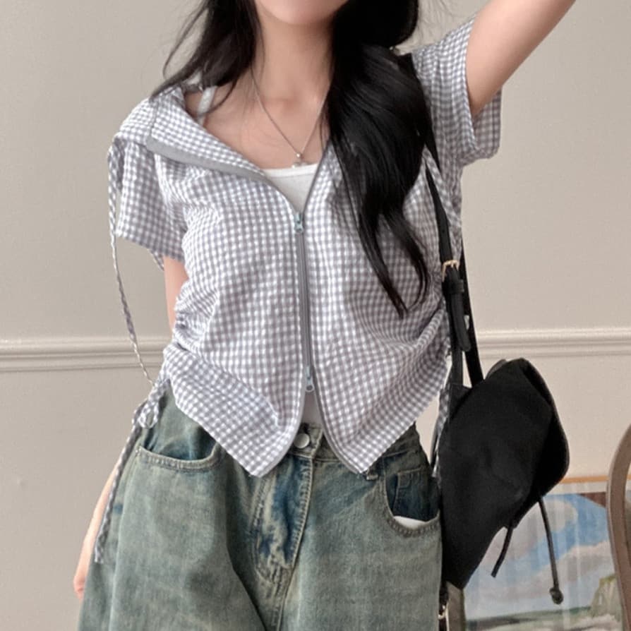 재고 있음 chic 새로운 봄 여름 지퍼 반팔 펌프 로프 허리 수축 좋은 체크무늬 후드 쇼트 스타일 셔츠 상세 이미지 16