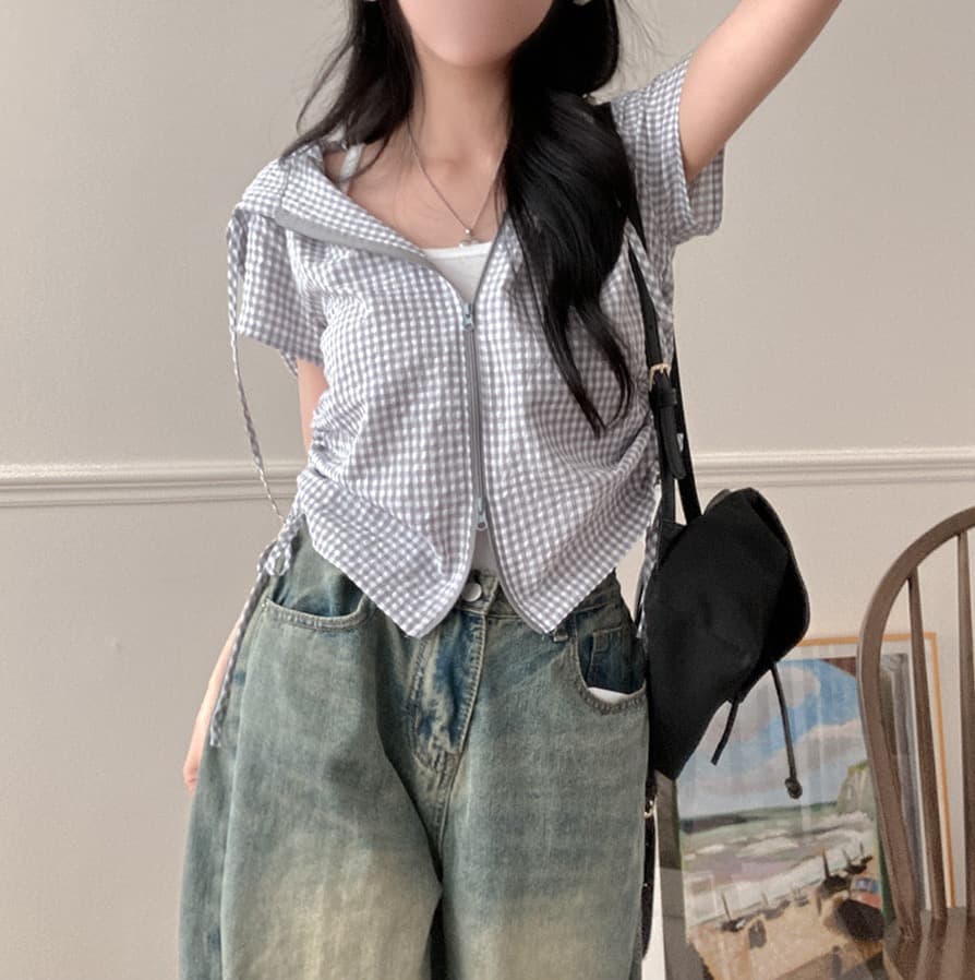 재고 있음 chic 새로운 봄 여름 지퍼 반팔 펌프 로프 허리 수축 좋은 체크무늬 후드 쇼트 스타일 셔츠 상세 이미지 17