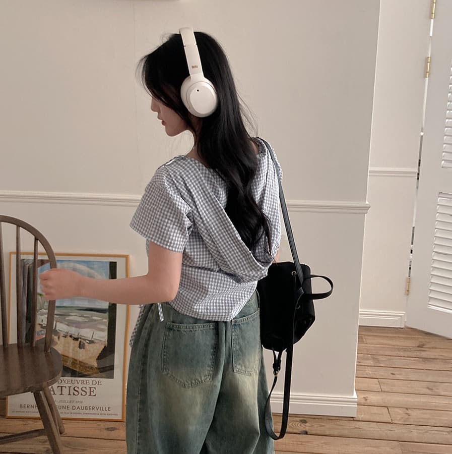 재고 있음 chic 새로운 봄 여름 지퍼 반팔 펌프 로프 허리 수축 좋은 체크무늬 후드 쇼트 스타일 셔츠 상세 이미지 18