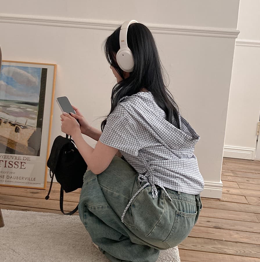 재고 있음 chic 새로운 봄 여름 지퍼 반팔 펌프 로프 허리 수축 좋은 체크무늬 후드 쇼트 스타일 셔츠 상세 이미지 20