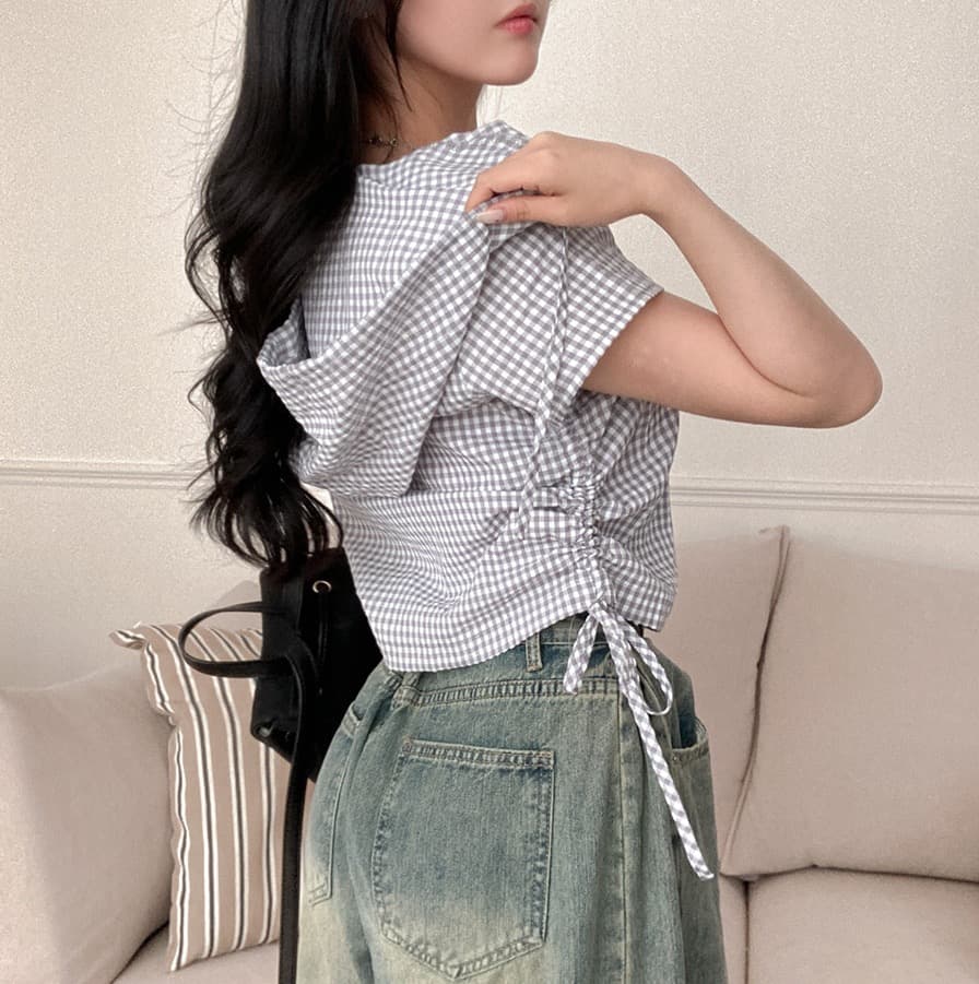 재고 있음 chic 새로운 봄 여름 지퍼 반팔 펌프 로프 허리 수축 좋은 체크무늬 후드 쇼트 스타일 셔츠 상세 이미지 21