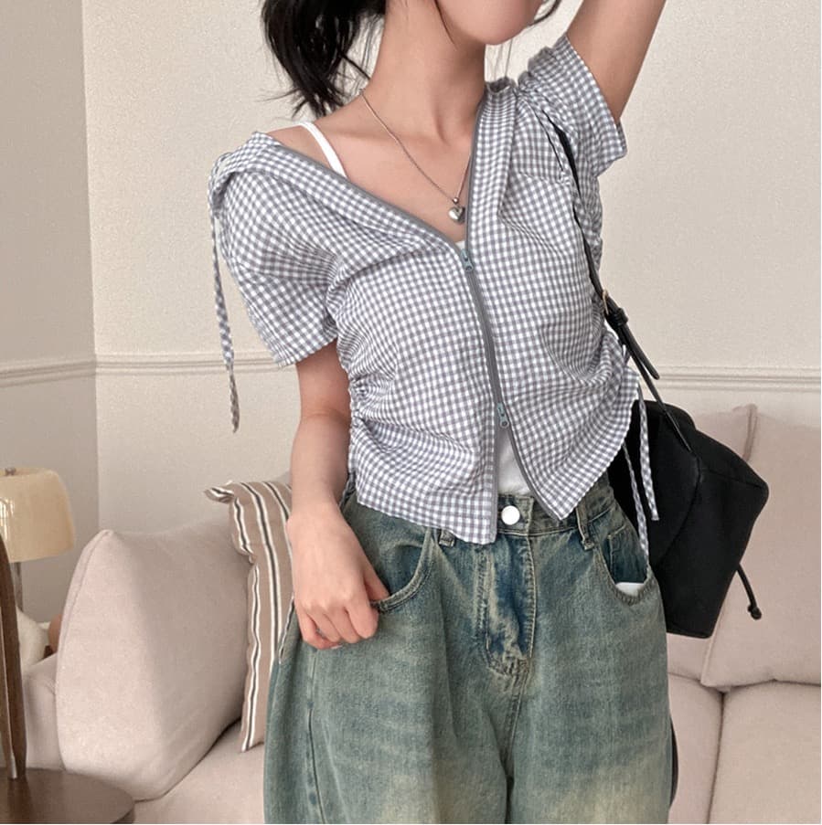 재고 있음 chic 새로운 봄 여름 지퍼 반팔 펌프 로프 허리 수축 좋은 체크무늬 후드 쇼트 스타일 셔츠 상세 이미지 24