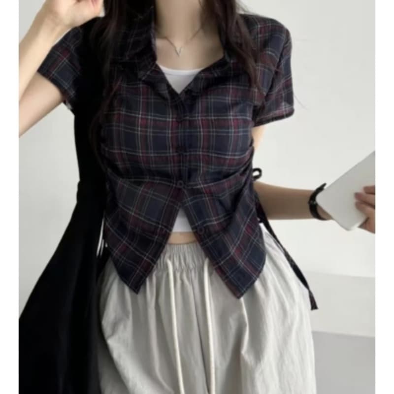 재고 있음 한국 chic 체크무늬 반팔 싱글 줄 버튼 여성 셔츠 밑단 펌프 Pleat 펌프 로프 디자인 다용도 맨위 이미지 5