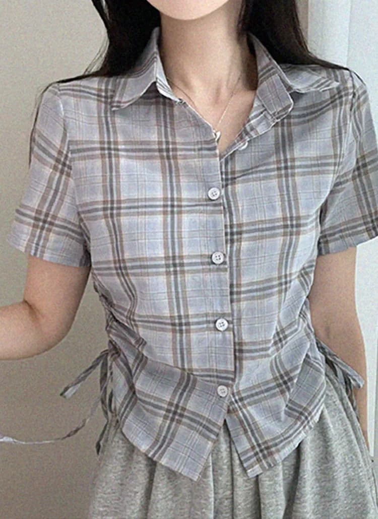 재고 있음 한국 chic 체크무늬 반팔 싱글 줄 버튼 여성 셔츠 밑단 펌프 Pleat 펌프 로프 디자인 다용도 맨위 상세 이미지 2
