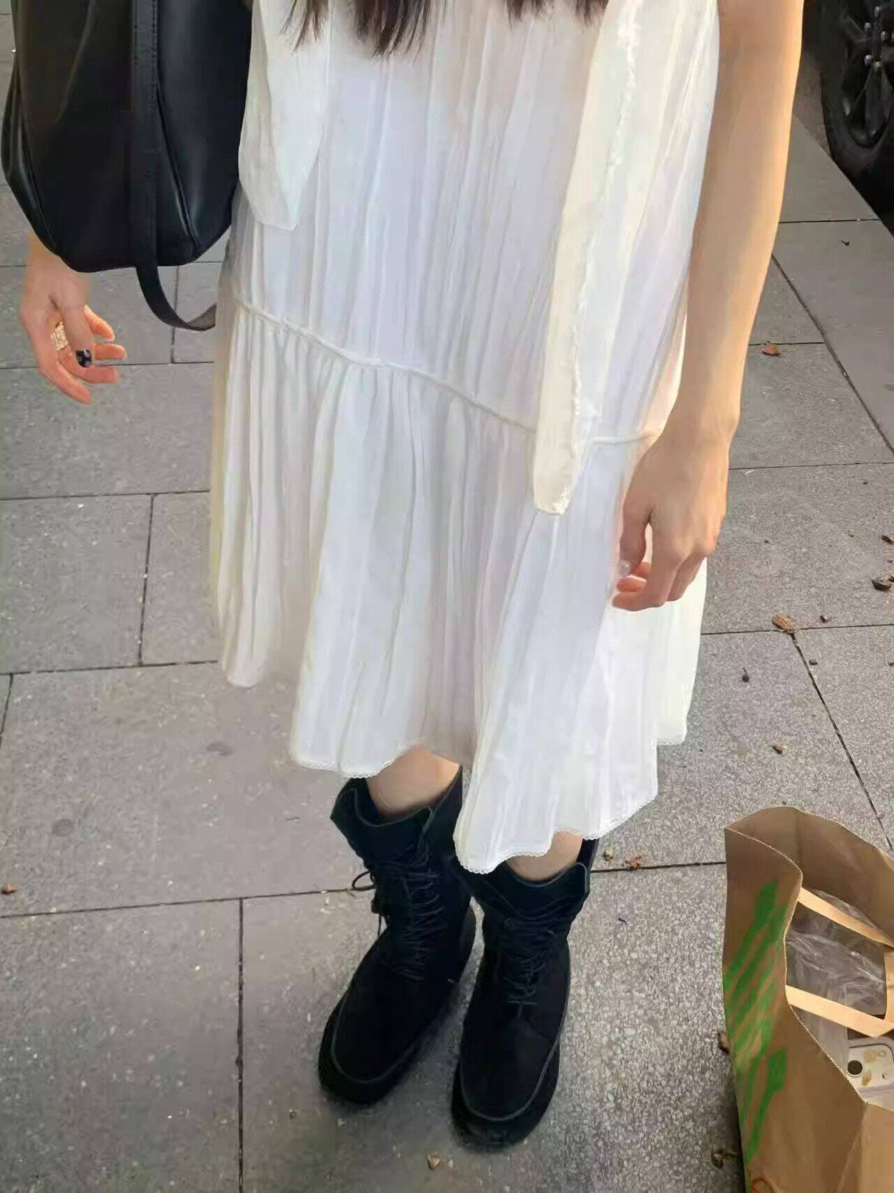 재고 있음 한국 동대문 한 부서 미니멀리즘 마이크로 ~을 통해 화이트 슬립 드레스 여성 리본 드레스 상세 이미지 8