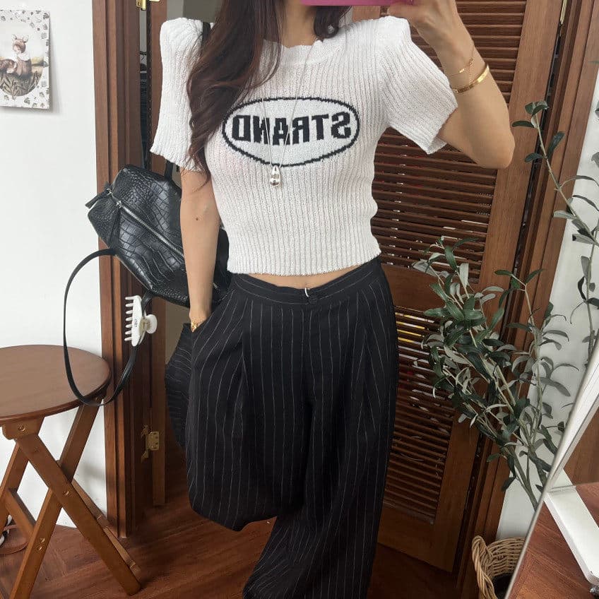 재고 있음 패션 다용도 알파벳 프린트 라운드 넥 반팔 니트 스웨터 여성 몸매 가꾸기 슬림해 보이는 맨위 이미지 2