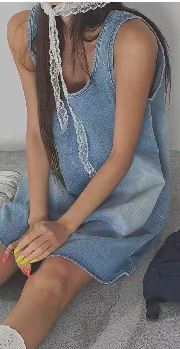 재고 있음 한국 스타일 데님 조끼 스커트 여름 여성 루즈핏 슬림해 보이는 품격 워시 물 전후 표백 공예 드레스 상세 이미지 2