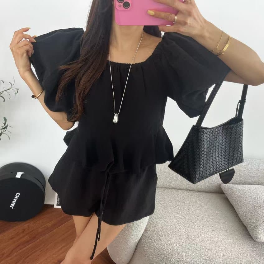있음 선적 다용도 거품 소매 반팔 셔츠 반바지 세트 이미지 4