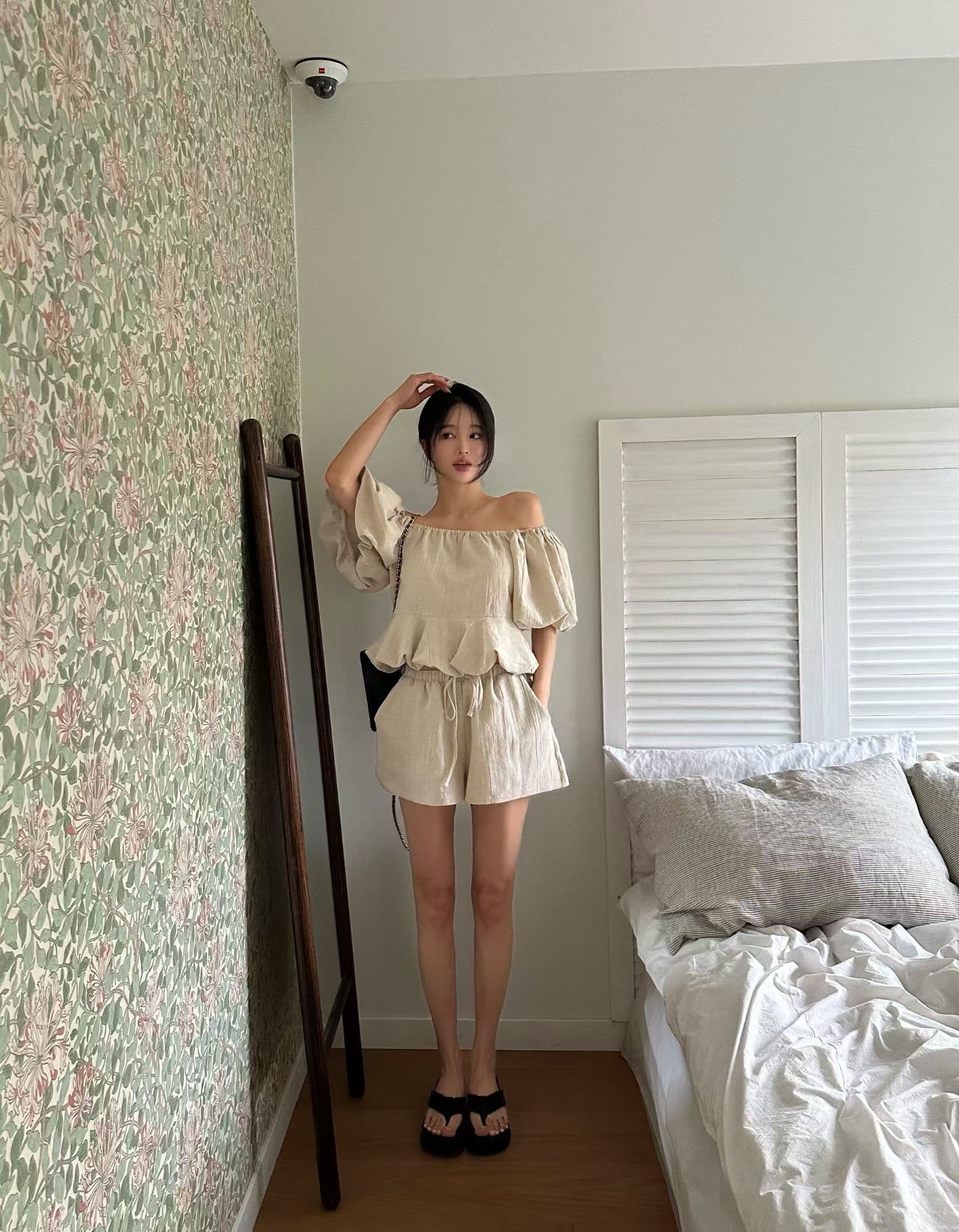 있음 선적 다용도 거품 소매 반팔 셔츠 반바지 세트 상세 이미지 4