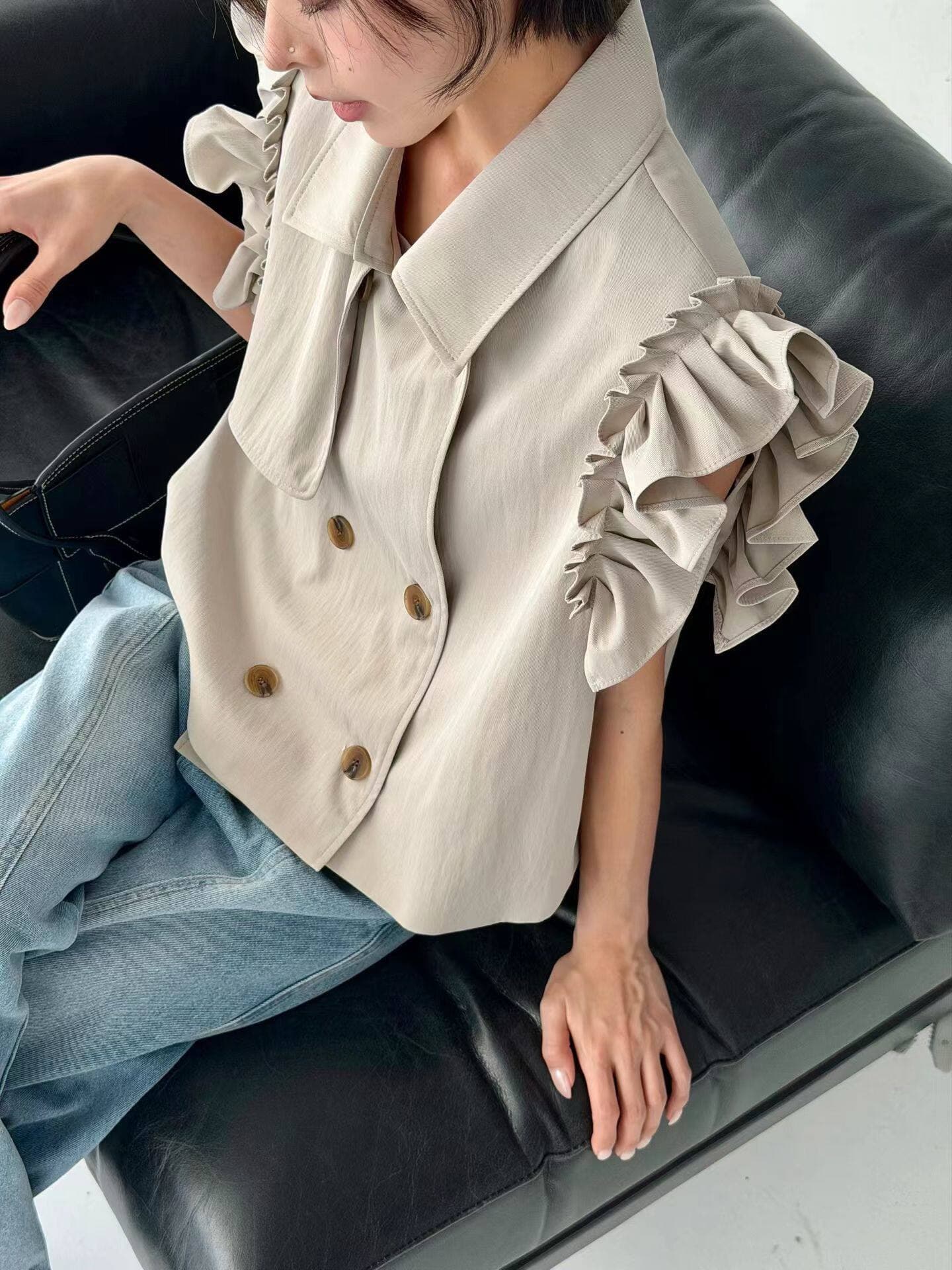 재고 있음 한 부서 패션 품격 이중 버튼 Feifei 소매 베스트 상세 이미지 9