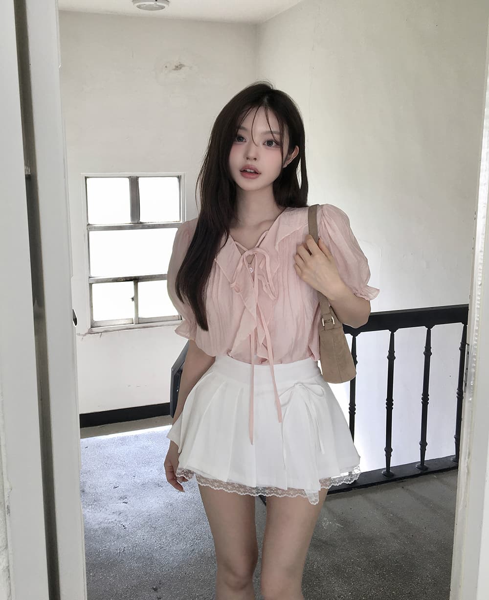 재고 있음 프랑스식 달콤함 연령 감소 프릴 물결무늬 칼라 플리츠 레이스업 마이크로 ~을 통해 이중층 반팔 여성 셔츠 상세 이미지 1