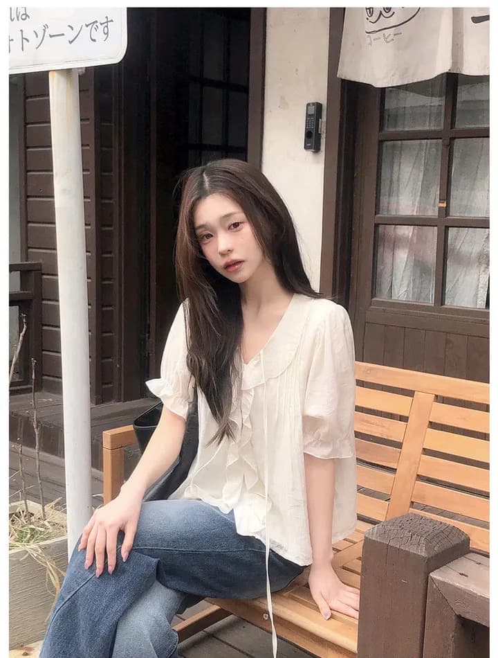 재고 있음 프랑스식 낭만주의 프릴 고급 센스 V넥 몸매 가꾸기 작은 셔츠 여성 이미지 3