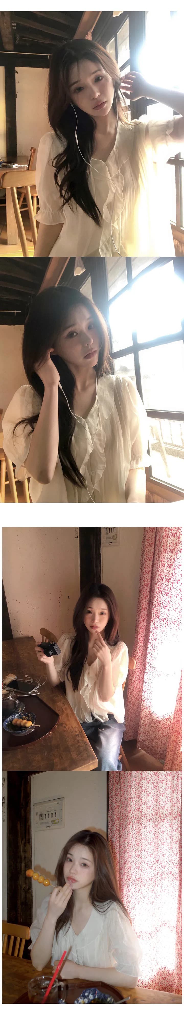 재고 있음 프랑스식 낭만주의 프릴 고급 센스 V넥 몸매 가꾸기 작은 셔츠 여성 상세 이미지 1