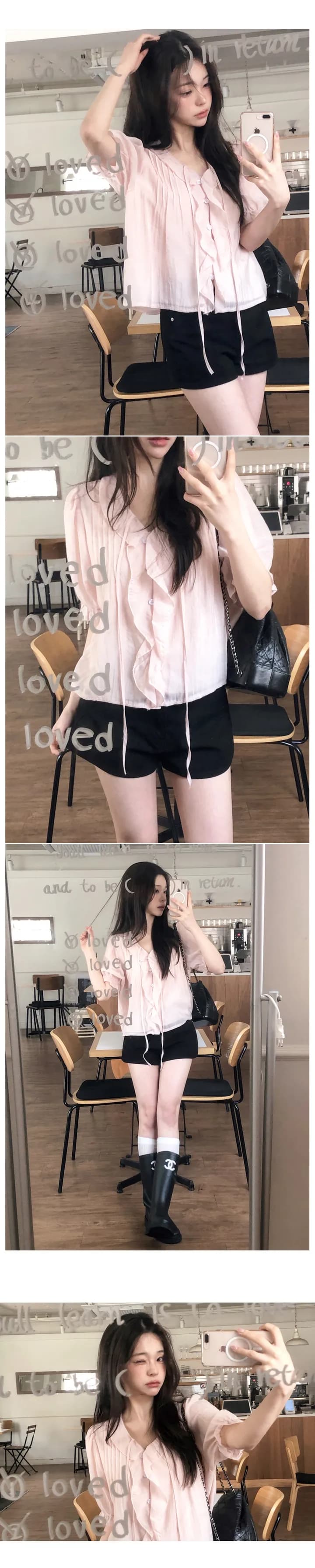 재고 있음 프랑스식 낭만주의 프릴 고급 센스 V넥 몸매 가꾸기 작은 셔츠 여성 상세 이미지 4