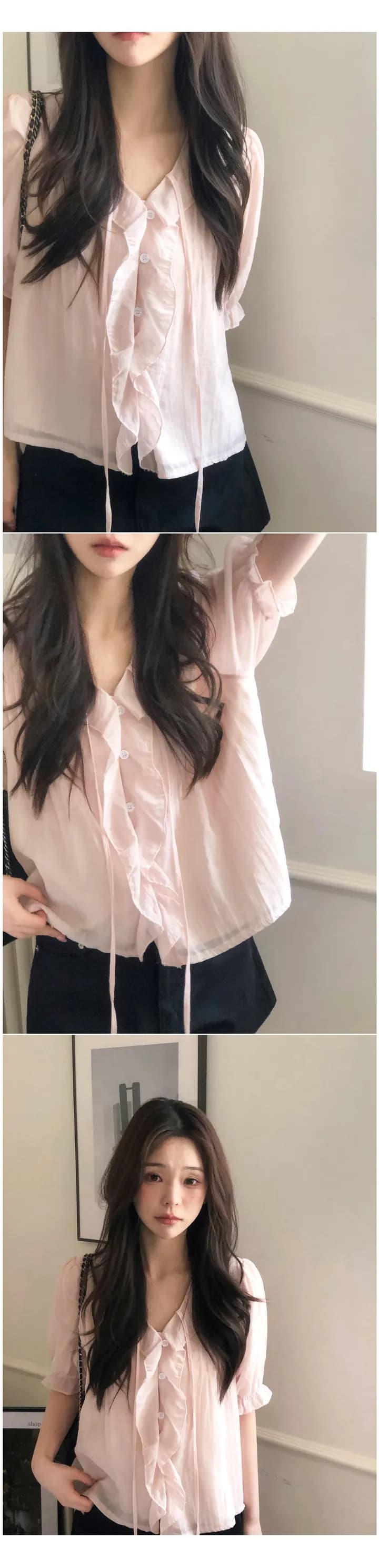 재고 있음 프랑스식 낭만주의 프릴 고급 센스 V넥 몸매 가꾸기 작은 셔츠 여성 상세 이미지 5