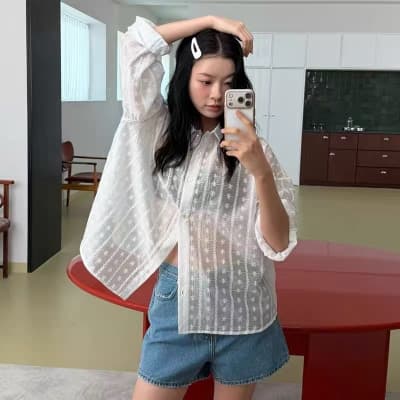 재고 있음 한국 chic 느긋한 바람 루즈핏 홀로우 아웃 자수 셔츠