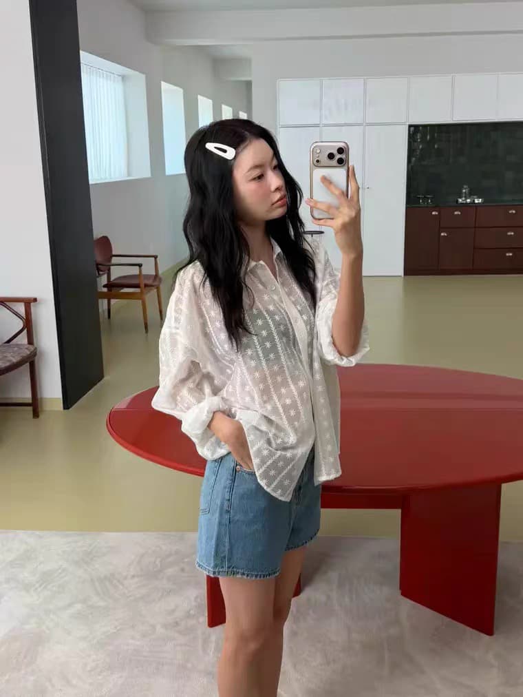 재고 있음 한국 chic 느긋한 바람 루즈핏 홀로우 아웃 자수 셔츠 상세 이미지 5