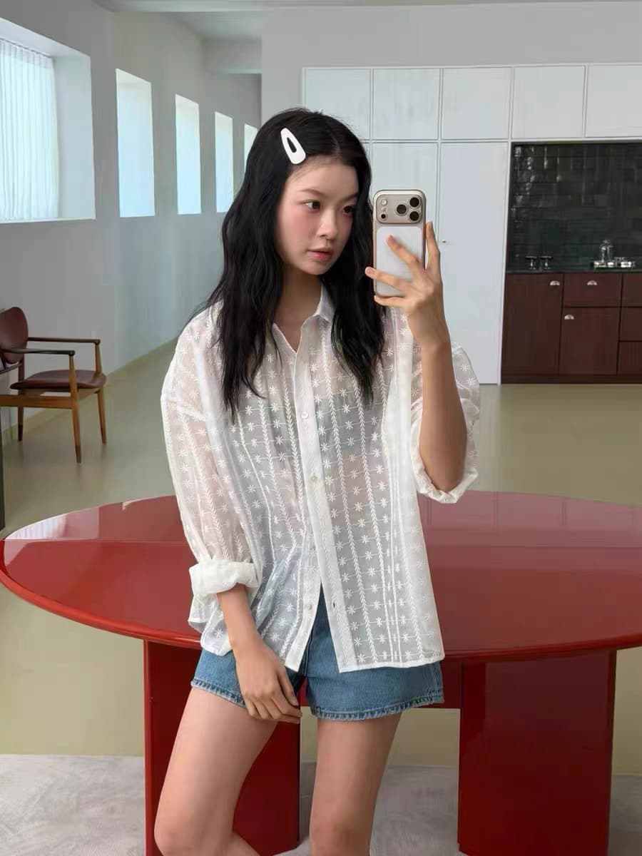 재고 있음 한국 chic 느긋한 바람 루즈핏 홀로우 아웃 자수 셔츠 상세 이미지 7