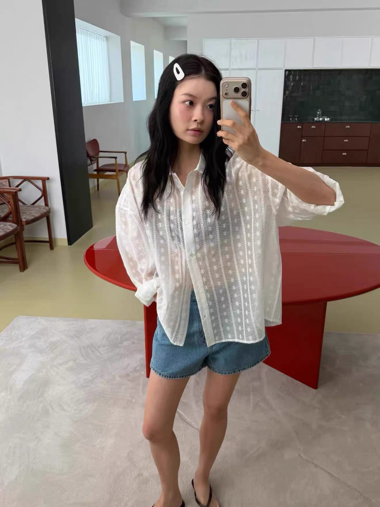 재고 있음 한국 chic 느긋한 바람 루즈핏 홀로우 아웃 자수 셔츠 상세 이미지 8