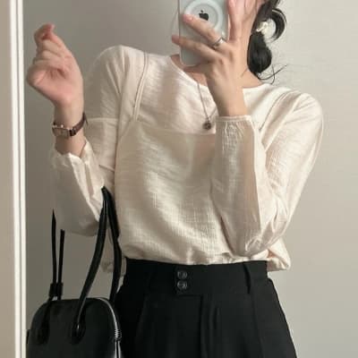 프랑스식 시폰 셔츠 여성 chic 작은 대중 디자인 시스루 작은 셔츠 캐미솔 고유 한 긴팔 셔츠 투피스 슈트 상세 이미지 1