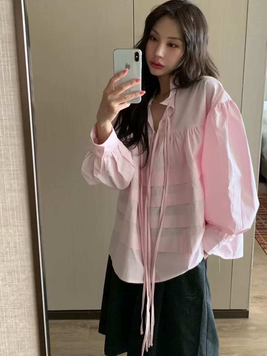 재고 있음 한국 chic 새로운 스탠드 칼라 플리츠 프랑스식 인형 맨위 셔츠