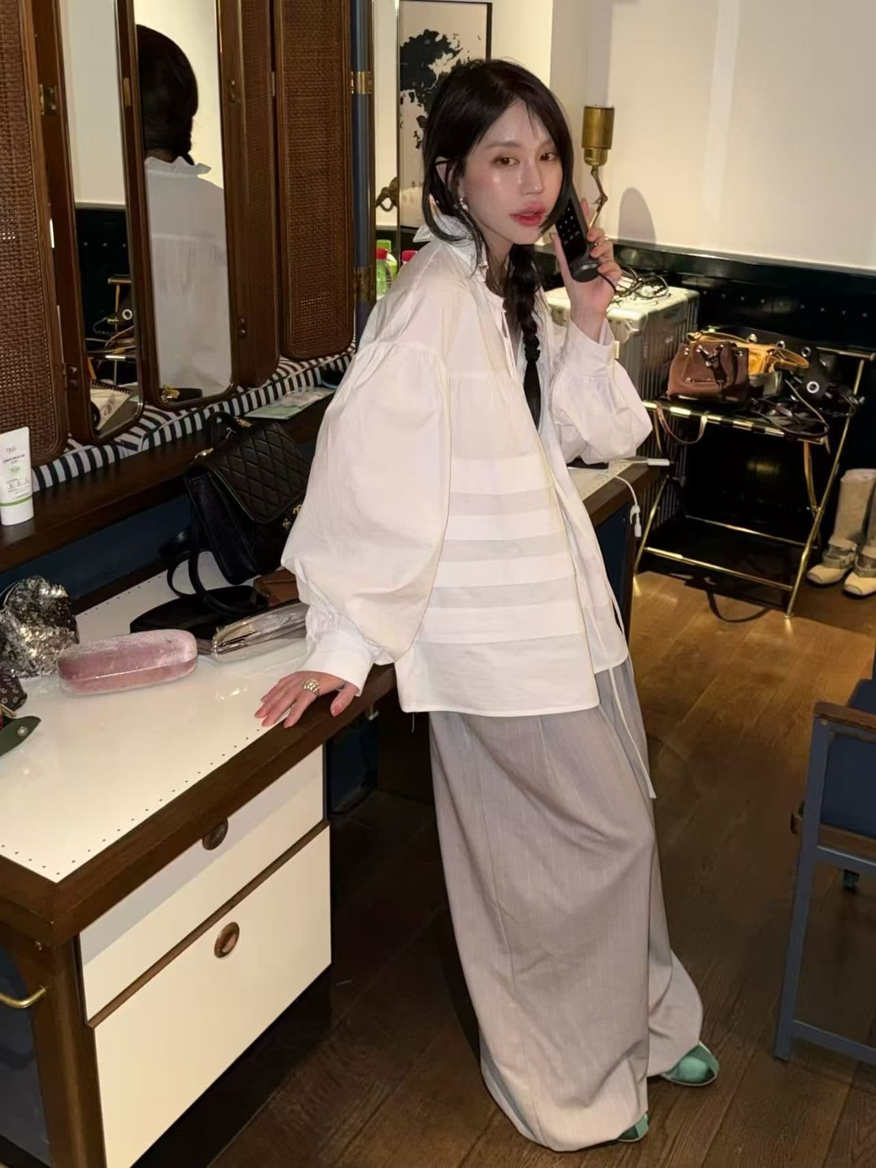 재고 있음 한국 chic 새로운 스탠드 칼라 플리츠 프랑스식 인형 맨위 셔츠 상세 이미지 10