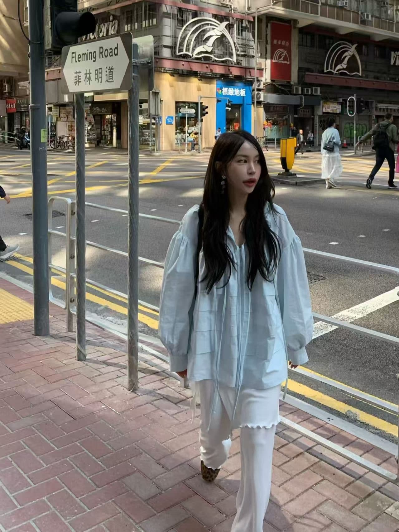 재고 있음 한국 chic 새로운 스탠드 칼라 플리츠 프랑스식 인형 맨위 셔츠 상세 이미지 21
