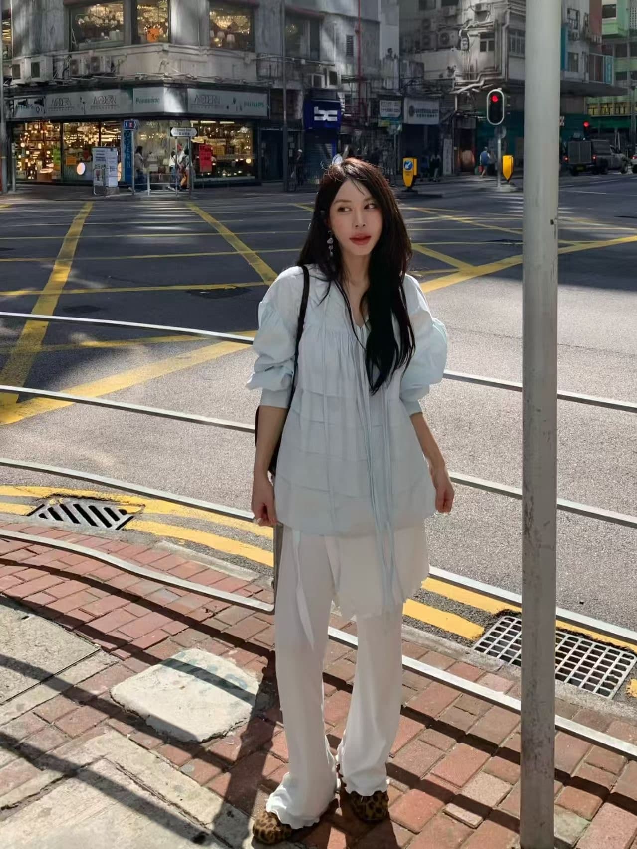 재고 있음 한국 chic 새로운 스탠드 칼라 플리츠 프랑스식 인형 맨위 셔츠 상세 이미지 24