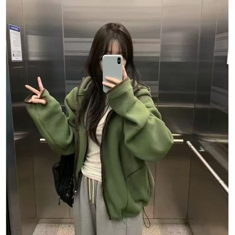 재고 있음 한국 chic 양면 플리스 후드 재킷 상세 이미지 8