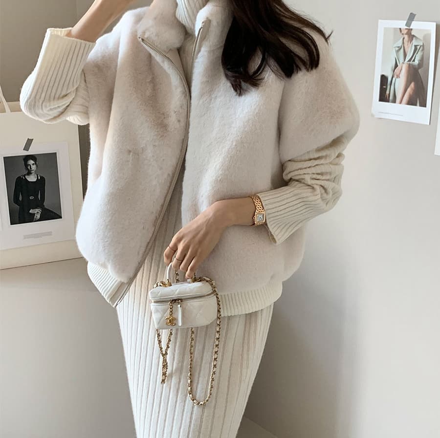 재고 있음 한국 chic 스탠드 칼라 지퍼 루즈핏 모피 베스트 여성 코트