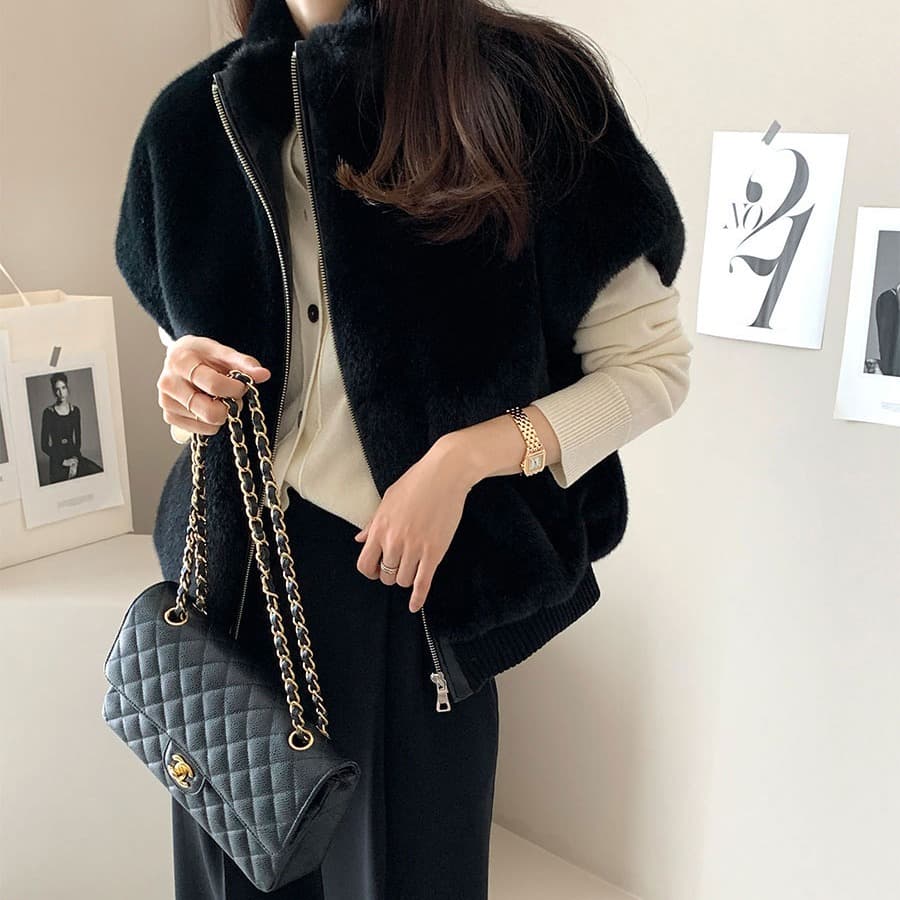 재고 있음 한국 chic 스탠드 칼라 지퍼 루즈핏 모피 베스트 여성 코트 이미지 5