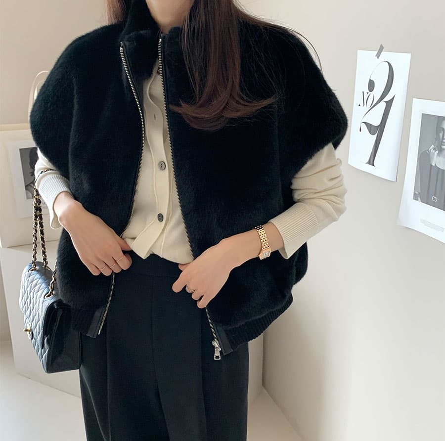 재고 있음 한국 chic 스탠드 칼라 지퍼 루즈핏 모피 베스트 여성 코트 상세 이미지 25