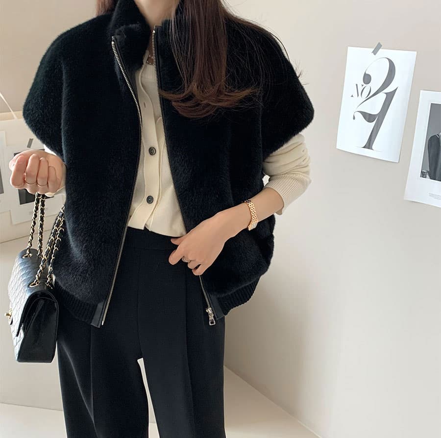 재고 있음 한국 chic 스탠드 칼라 지퍼 루즈핏 모피 베스트 여성 코트 상세 이미지 28