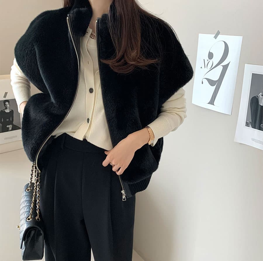 재고 있음 한국 chic 스탠드 칼라 지퍼 루즈핏 모피 베스트 여성 코트 상세 이미지 30