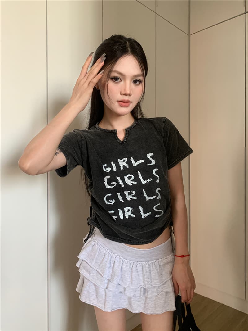 실사 정가 아메리칸 레트로 디자인 센스 마 오래된 워싱 알파벳 쇼트 스타일 펌프 로프 일반 티셔츠 상세 이미지 4