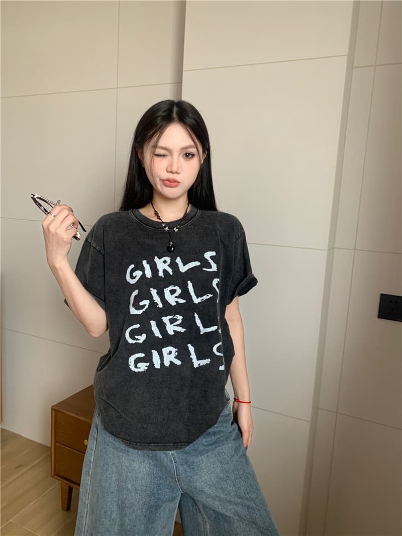 실사 정가 아메리칸 레트로 디자인 센스 마 오래된 워싱 알파벳 쇼트 스타일 펌프 로프 일반 티셔츠 상세 이미지 16