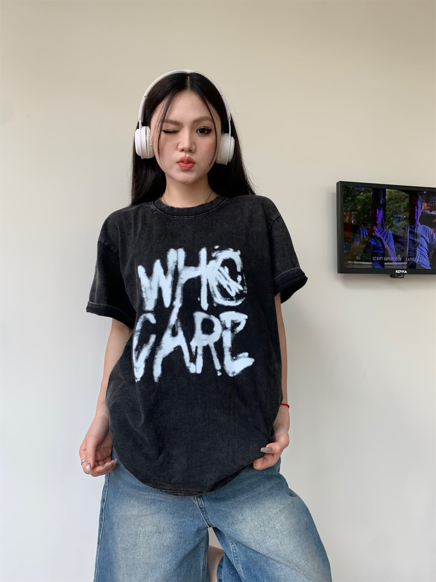 실사 정가 아메리칸 레트로 높음 거리 디자인 센스 마 오래된 루즈핏 워싱 티셔츠 상세 이미지 5