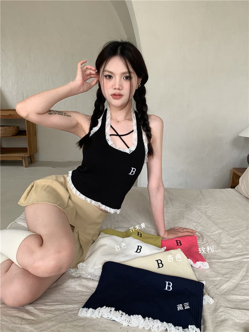 실사 정가 순수한 욕망 레이스 측면 알파벳 자수 니트 행침 목 조끼