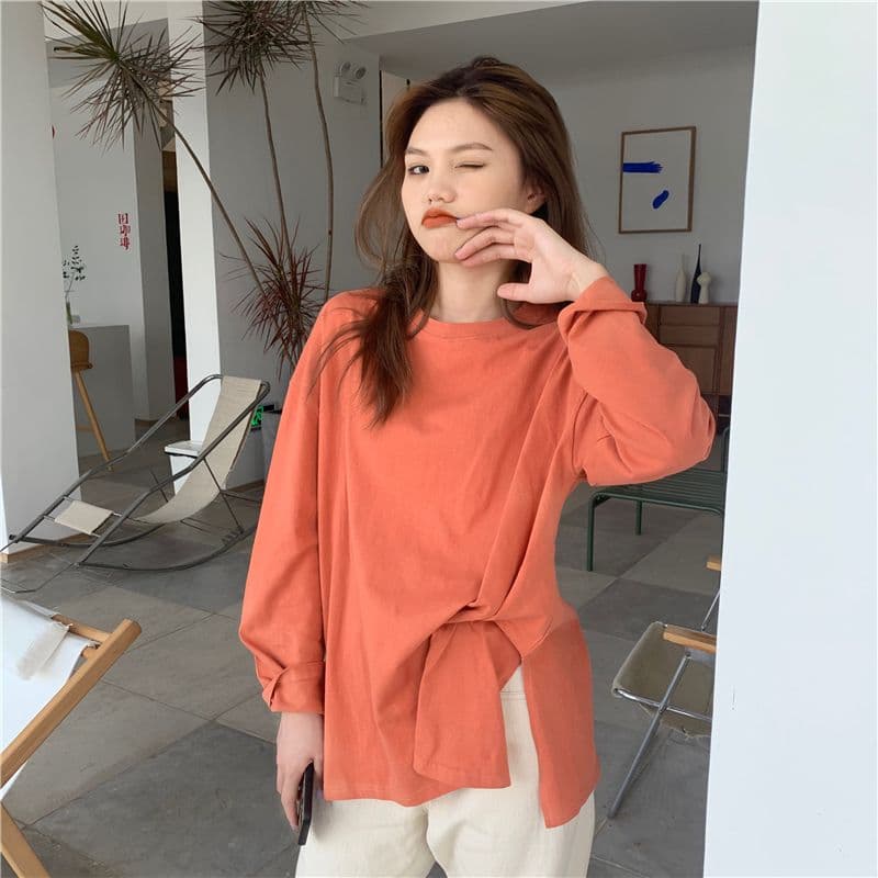 실사 정가 2026 봄 여름 새로운 단색 미니멀리즘 다용도 밑단 트임 라운드 넥 풀오버 긴팔 tee 상세 이미지 15